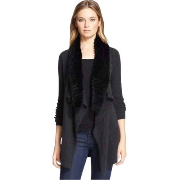 THEORY Gray Long Sleeve Maritza Fur Genuine Rabbit Collar Wool Cardigan Size L - Picture 1 of 9
